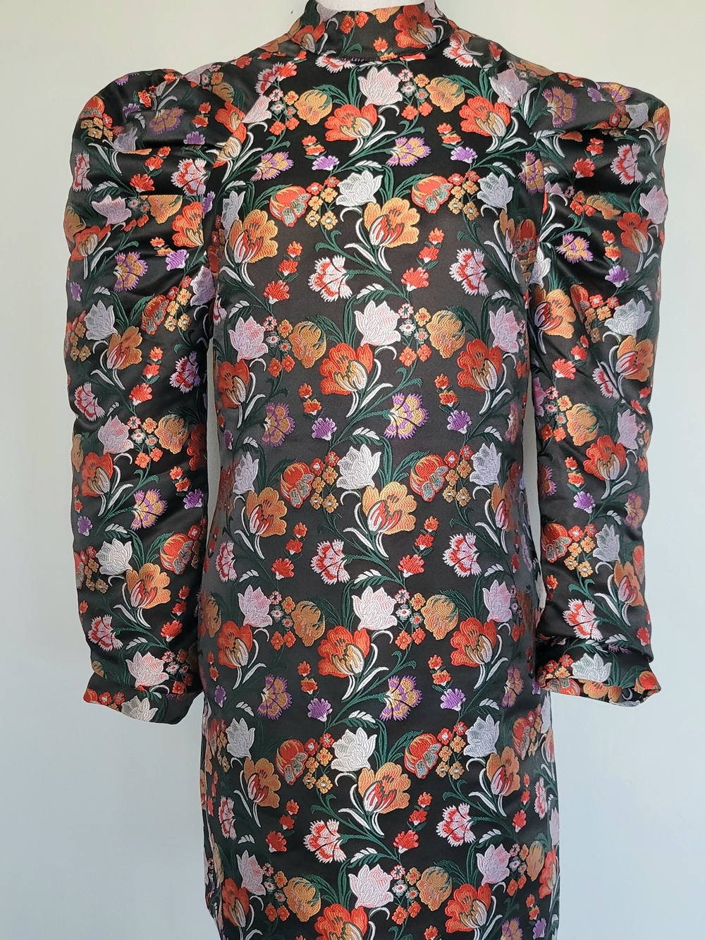 NWT LOST INK Black Orange Jacquard Floral Long Puff-Sleeve Sheath Dress Sz Small - Picture 3 of 15